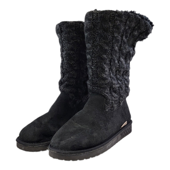 Muk Luks Women's Fold Over Cable Knit Faux Shearling Winter Boots Black Size 6 - Picture 1 of 5